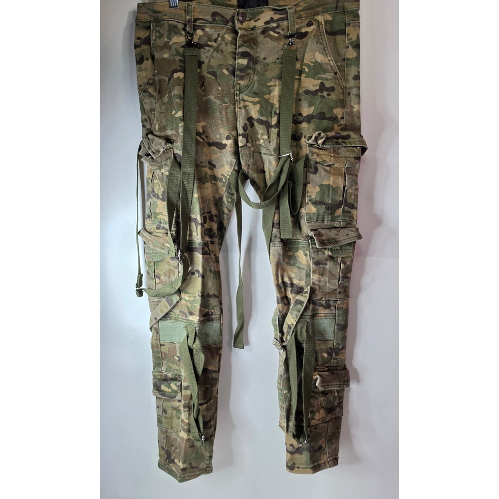 Valabasas Mens Camo Bondage Cargo Pants 34 Multi Pocket Straps Stacked Flaw